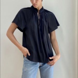 Gibson look navy blue blouse with flutter sleeves